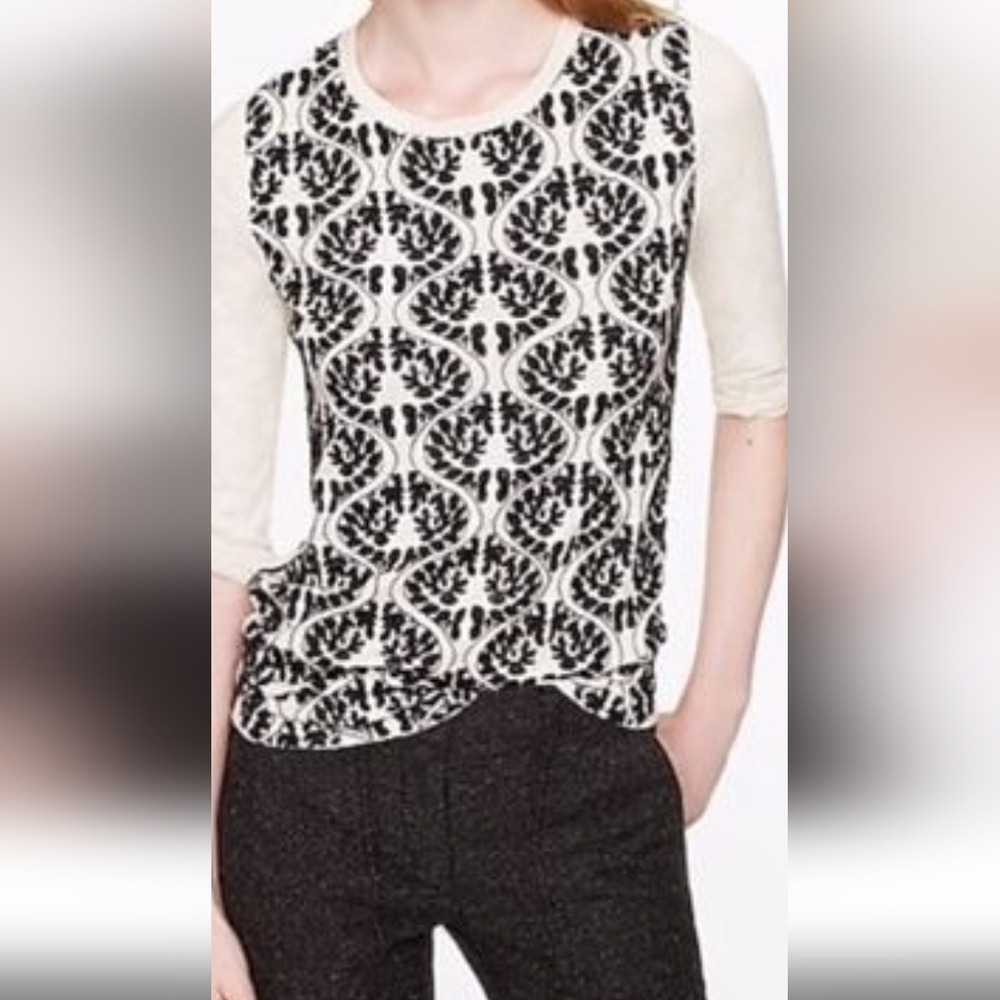 J. Crew 3/4 Sleeve Floral Needlepoint Front Knit top Small